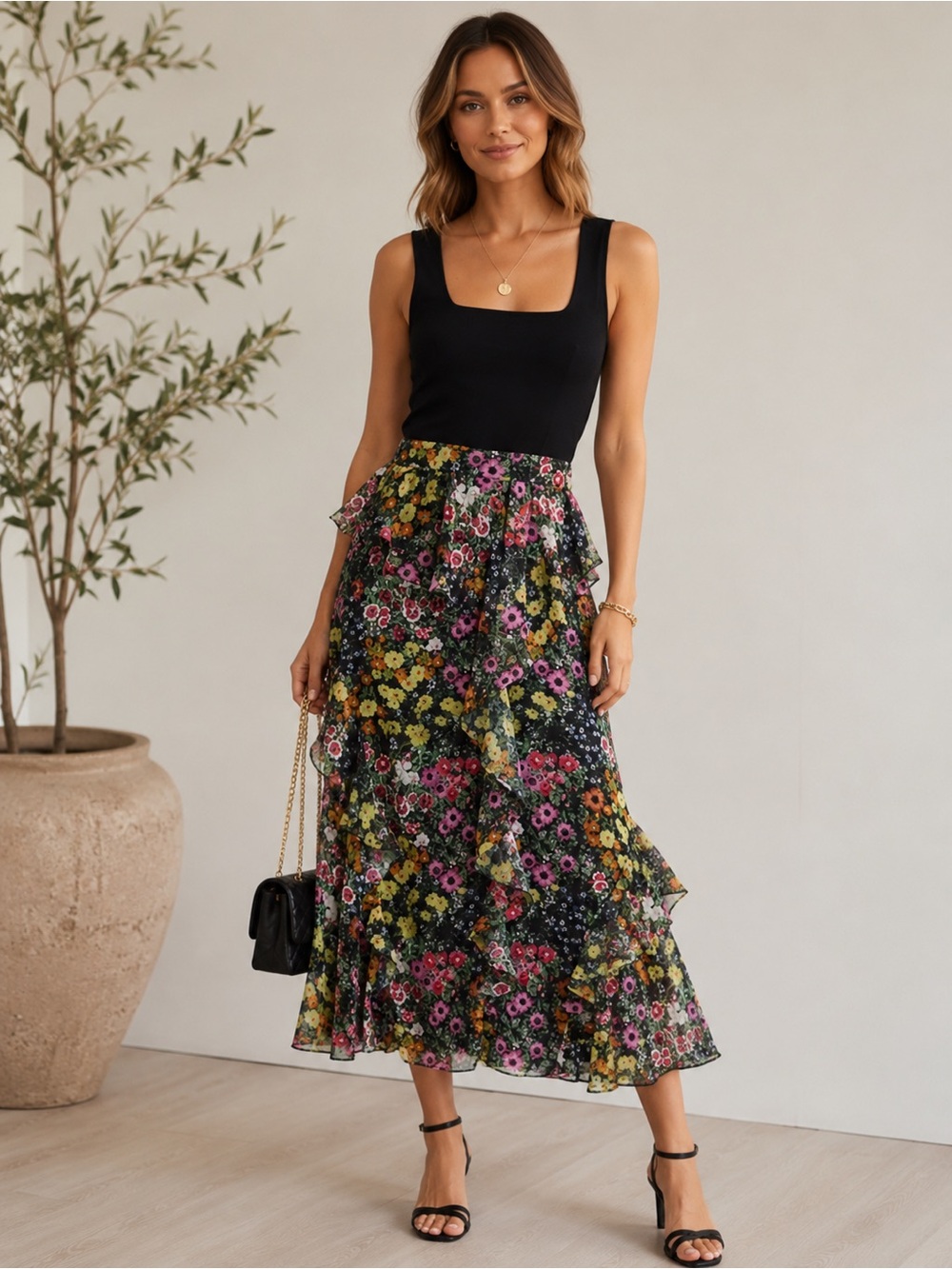 Ted Baker Black Floral Fit & Flare Midi Dress Ruffle Skirt Size 3 NWT